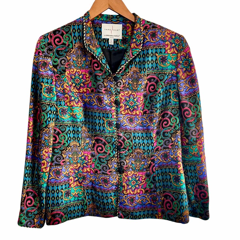 Adrianna Papell VTG Vibrant Jewel Tone 100% Silk Statement Blazer Sz 14P